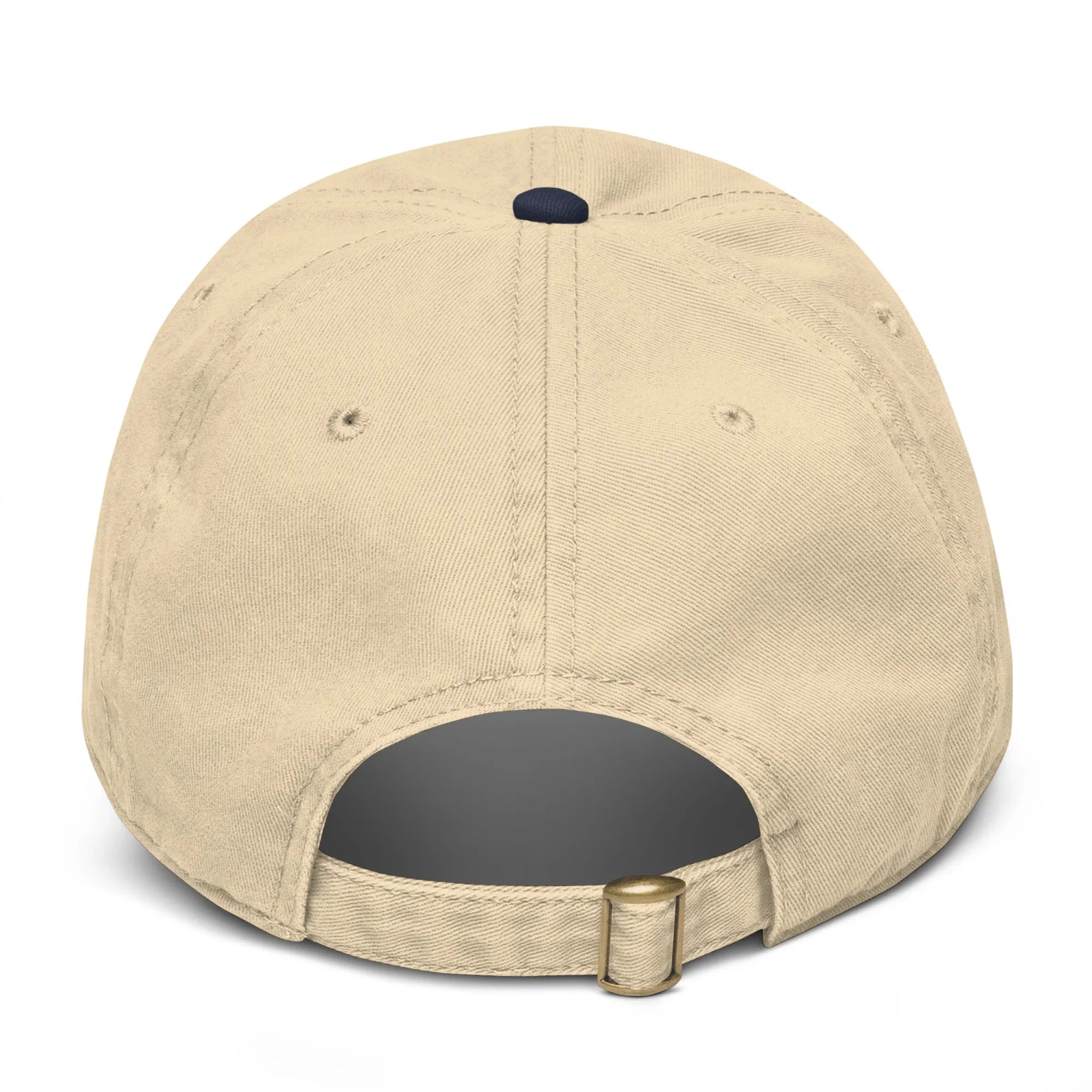 Back view of khaki adjustable baseball cap with brass buckle and navy button on top.