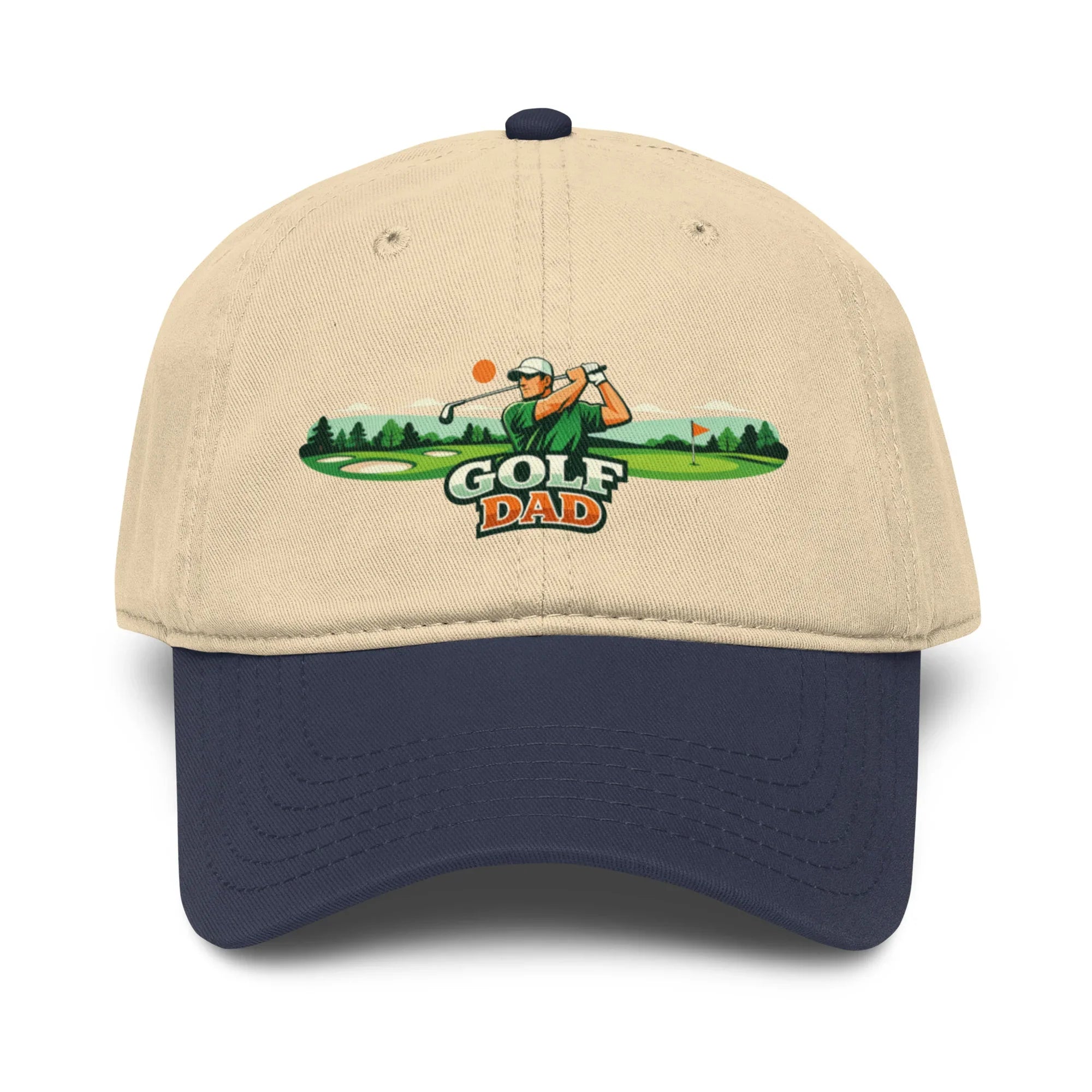 Navy and khaki baseball cap with 'Golf Dad' text and golfer graphic embroidered on front.