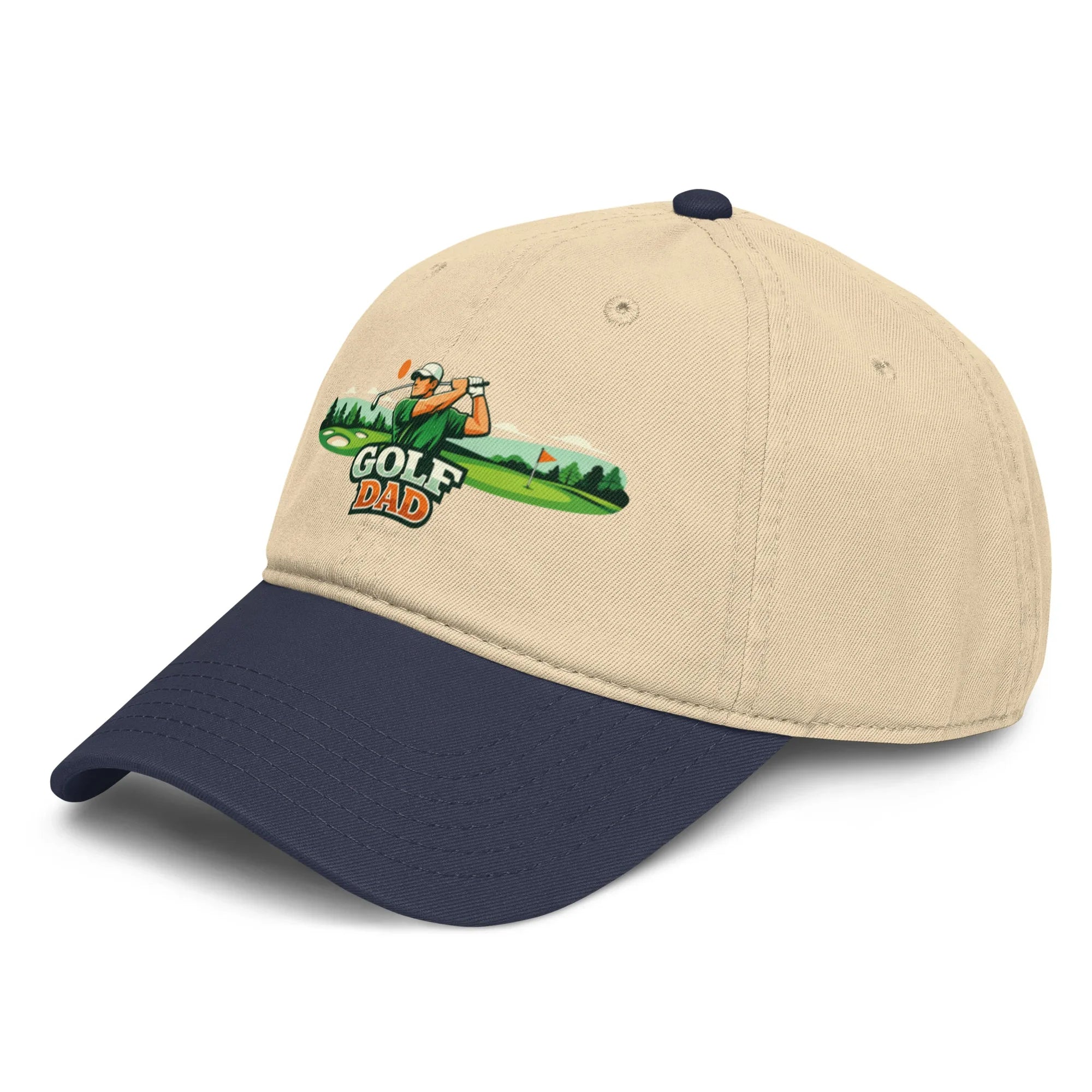 Navy and khaki dad hat with 'Golf Dad' embroidered golf graphic on front.