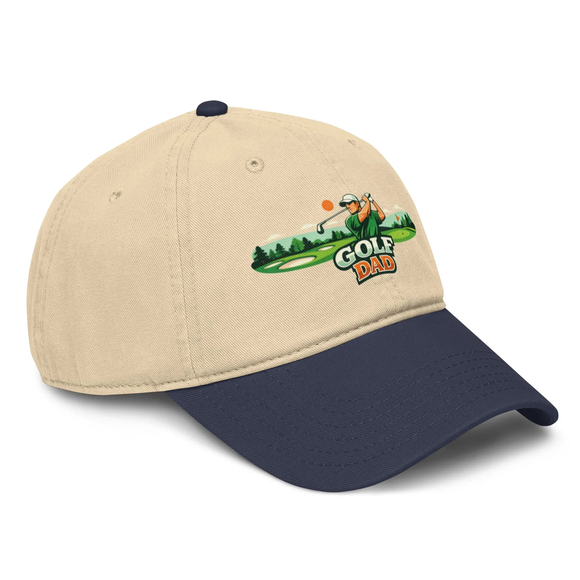Navy and khaki baseball cap with 'Golf Dad' graphic and golfer embroidery on front panel.