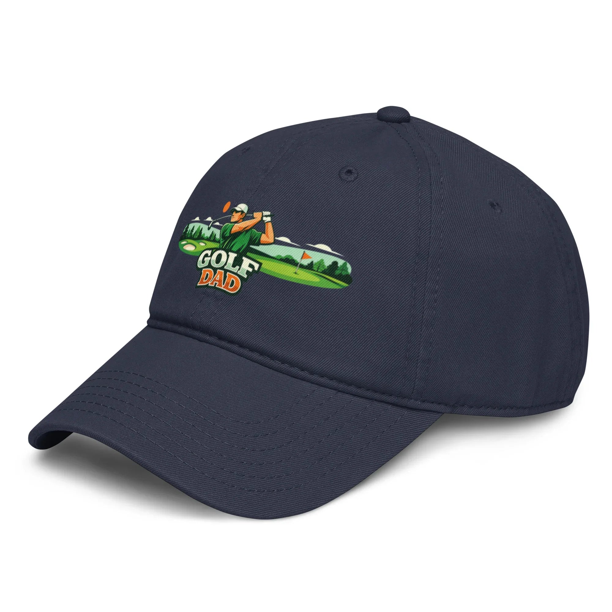 Navy blue baseball cap with golf dad graphic and golfer swinging club on front