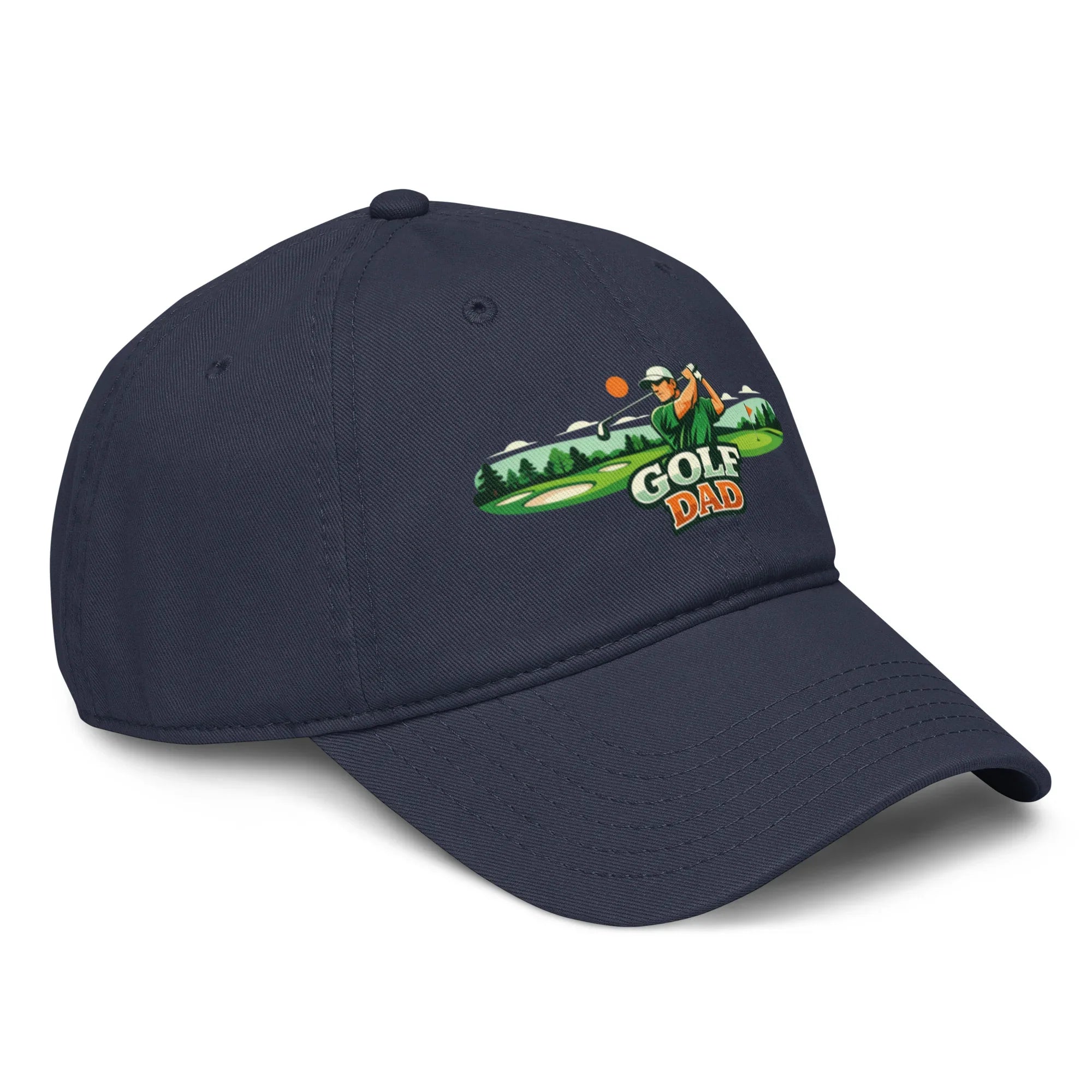 Navy blue baseball cap with embroidered golfer and Golf Dad text on the front