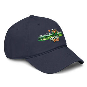 Navy blue baseball cap with embroidered golfer and Golf Dad text on the front