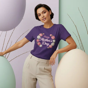 Woman wearing purple Happy Mother's Day floral t-shirt, pastel background, home apparel