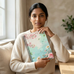 Woman holding floral spiral notebook in cozy home setting, soft pastel colors
