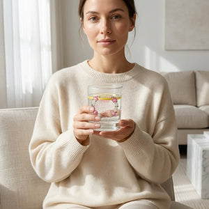 Woman in beige sweater holding floral Mother's Day glass in bright living room