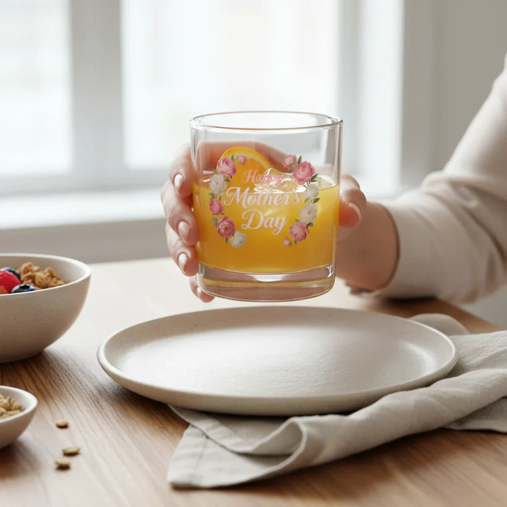 Hand holding floral Happy Mother's Day glass of orange juice at breakfast table