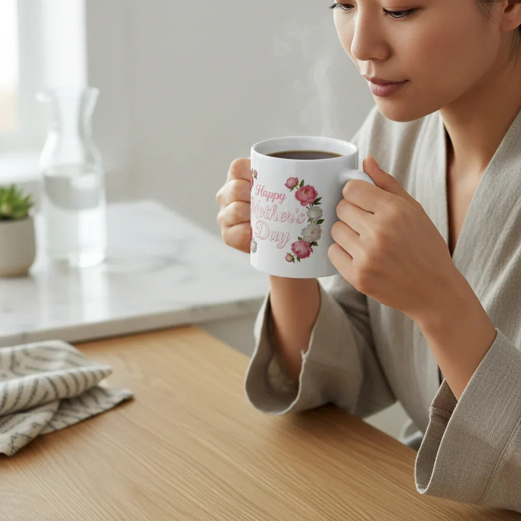 Woman holding floral Happy Mother's Day mug with hot drink in cozy kitchen setting