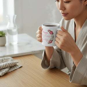 Woman holding floral Happy Mother's Day mug with hot drink in cozy kitchen setting