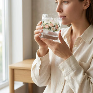 Woman holding floral glass tumbler with ice near window, cozy home setting