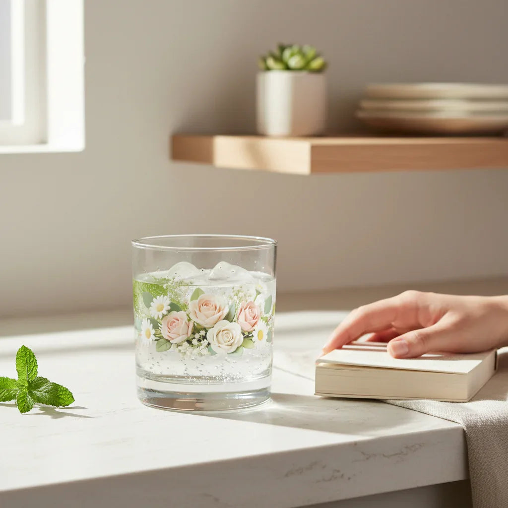 Glass tumbler with floral design and ice water on a sunlit kitchen counter, hand holding book nearby
