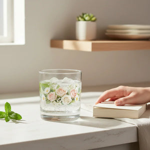 Glass tumbler with floral design and ice water on a sunlit kitchen counter, hand holding book nearby