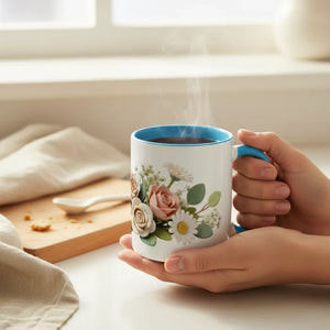 Hand holding floral ceramic mug with hot coffee on kitchen table near window
