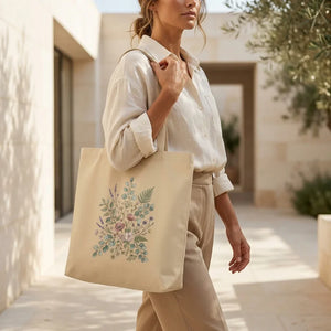 Woman carrying beige tote bag with botanical floral print, casual outfit, outdoor setting