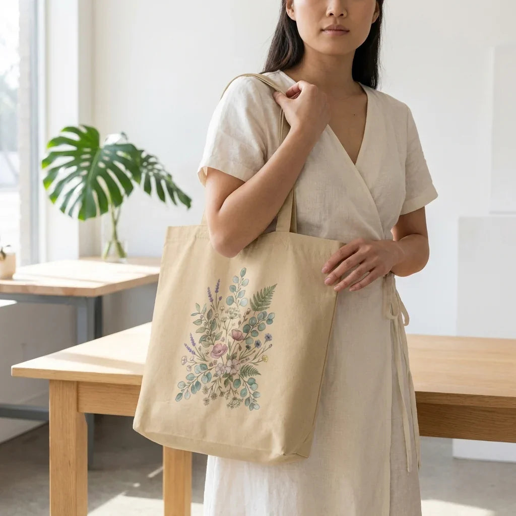 Woman holding a beige tote bag with pastel floral design, standing in a sunlit home.