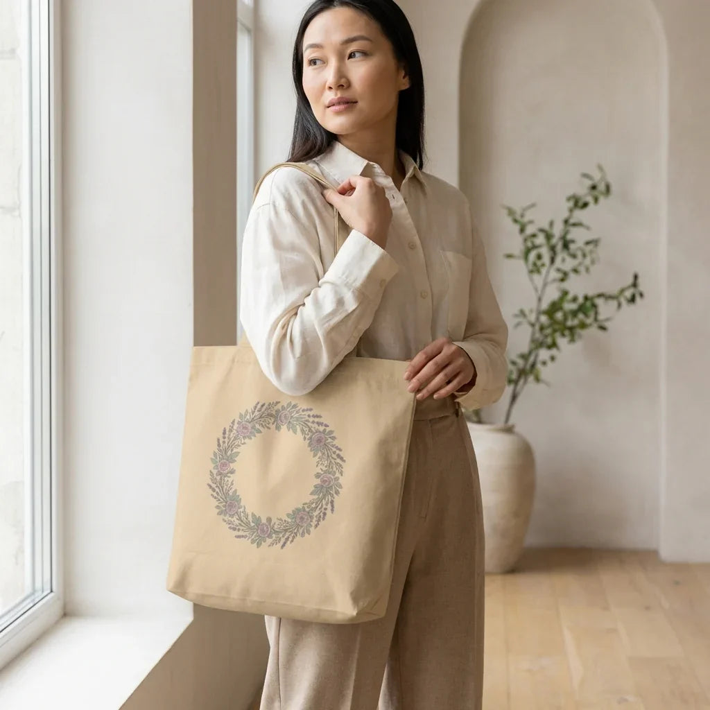 Woman carrying beige floral wreath canvas tote bag in modern home setting
