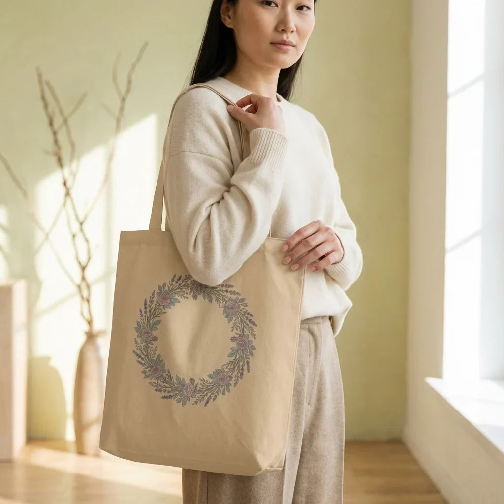 Woman holding beige canvas tote bag with floral wreath design in sunlit room
