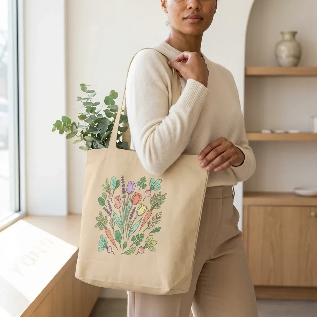 Woman holding a beige tote bag with colorful floral and vegetable illustration, home goods decor