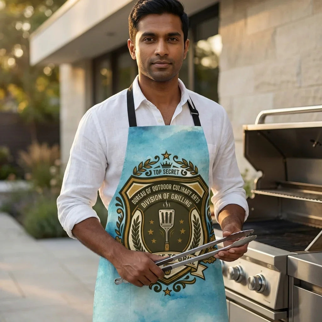 Man in outdoor kitchen wearing novelty grilling apron, holding tongs by gas grill