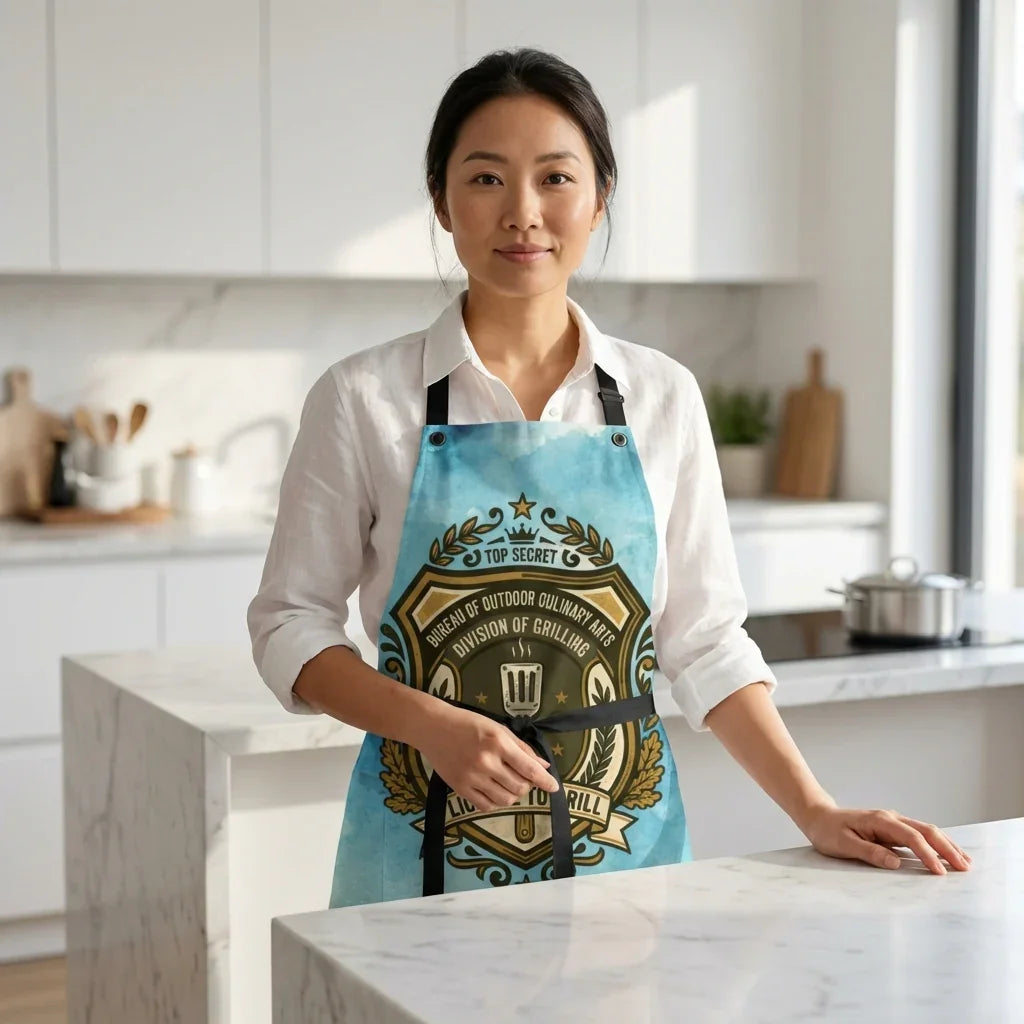 Woman in kitchen wearing colorful grilling apron with cooking-themed design