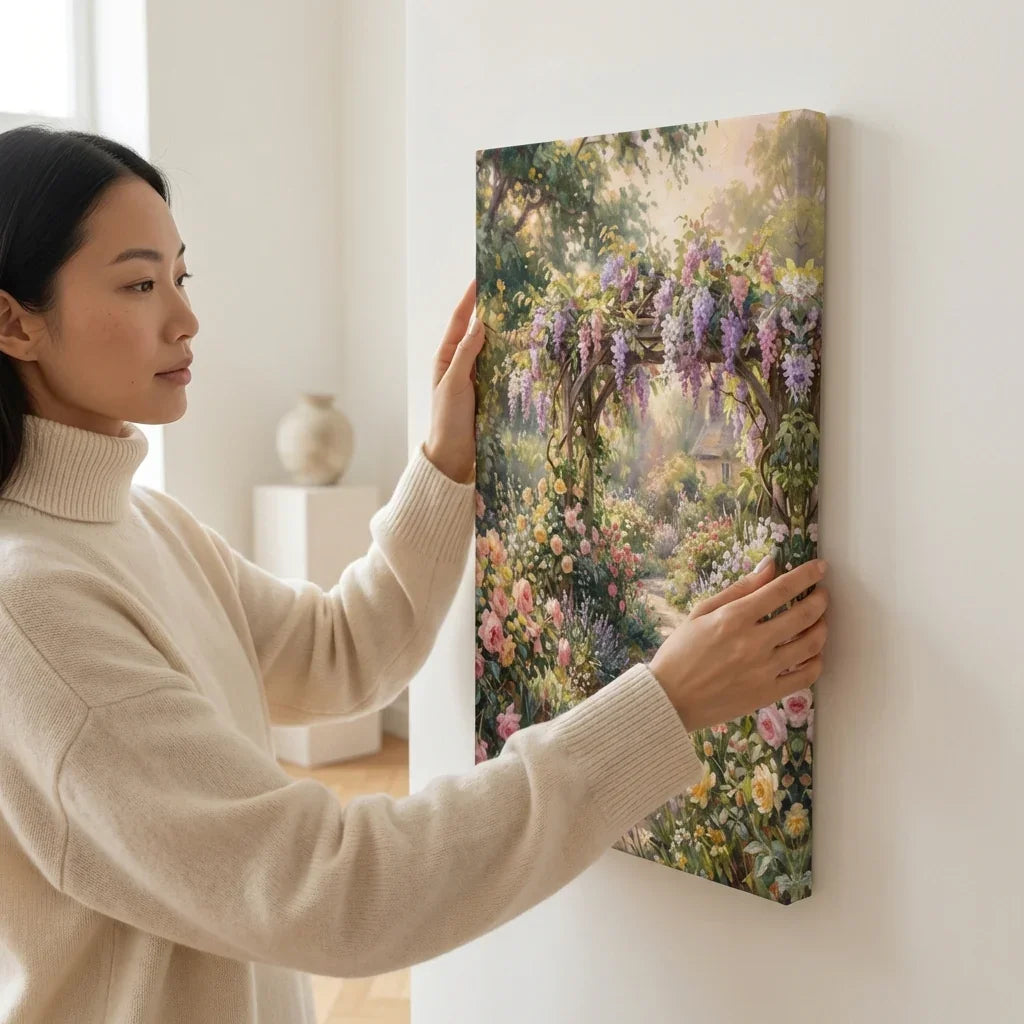 Woman hanging floral garden canvas wall art in a bright, modern living room