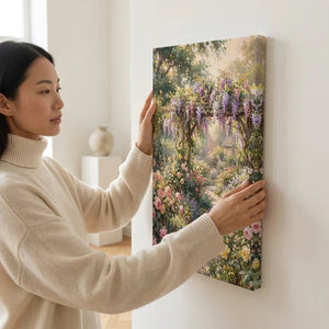 Woman hanging floral garden canvas wall art in a bright, modern living room