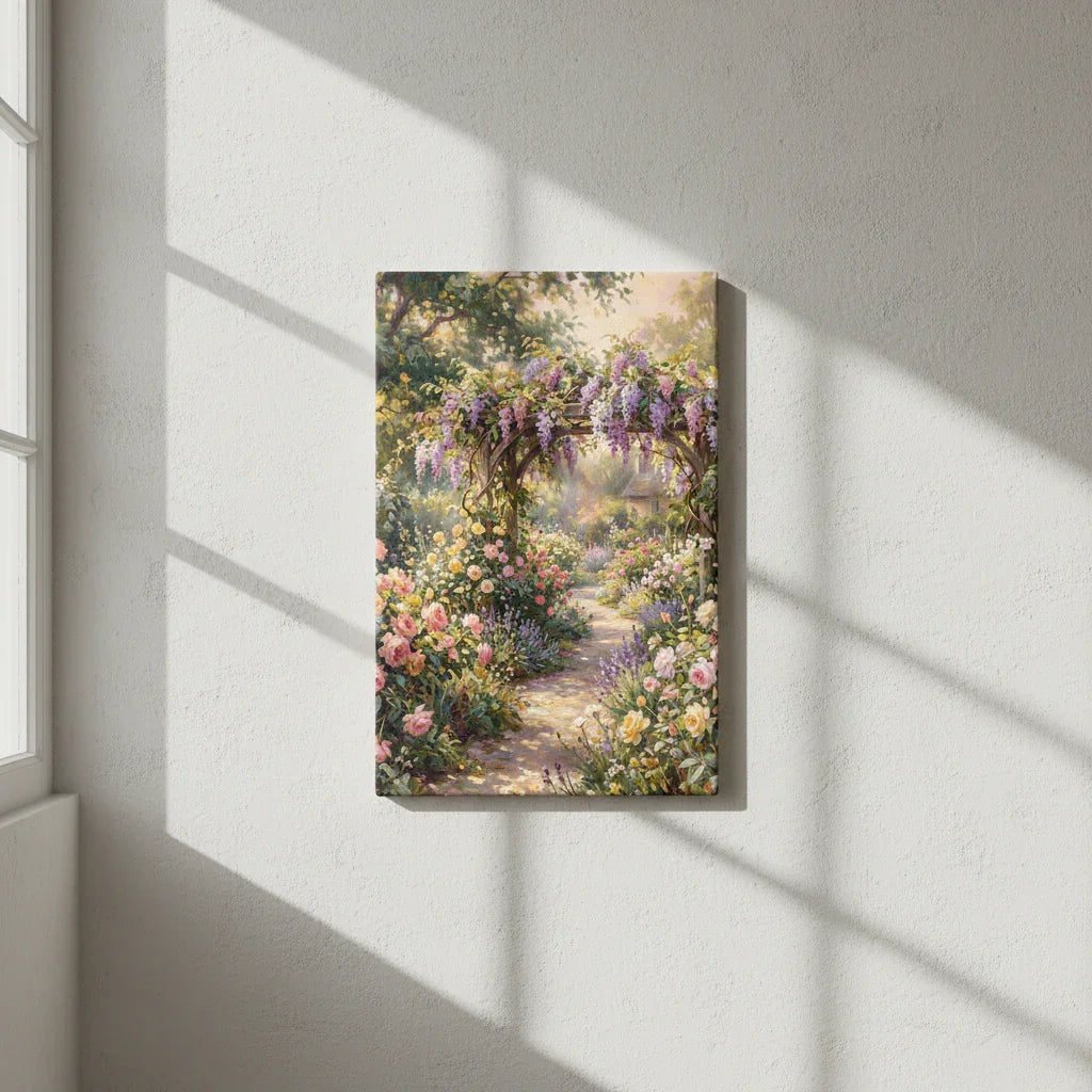 Floral garden canvas wall art with archway, pink and purple flowers, hanging on a light wall