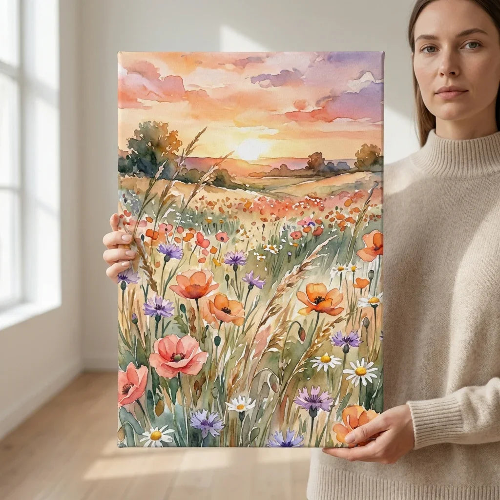 Woman holding a floral wildflower meadow canvas art in a bright home