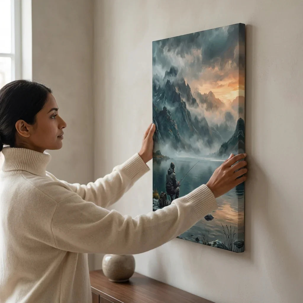 Woman hanging a mountain landscape canvas wall art in a modern living room