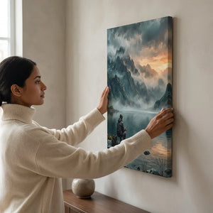 Woman hanging a mountain landscape canvas wall art in a modern living room