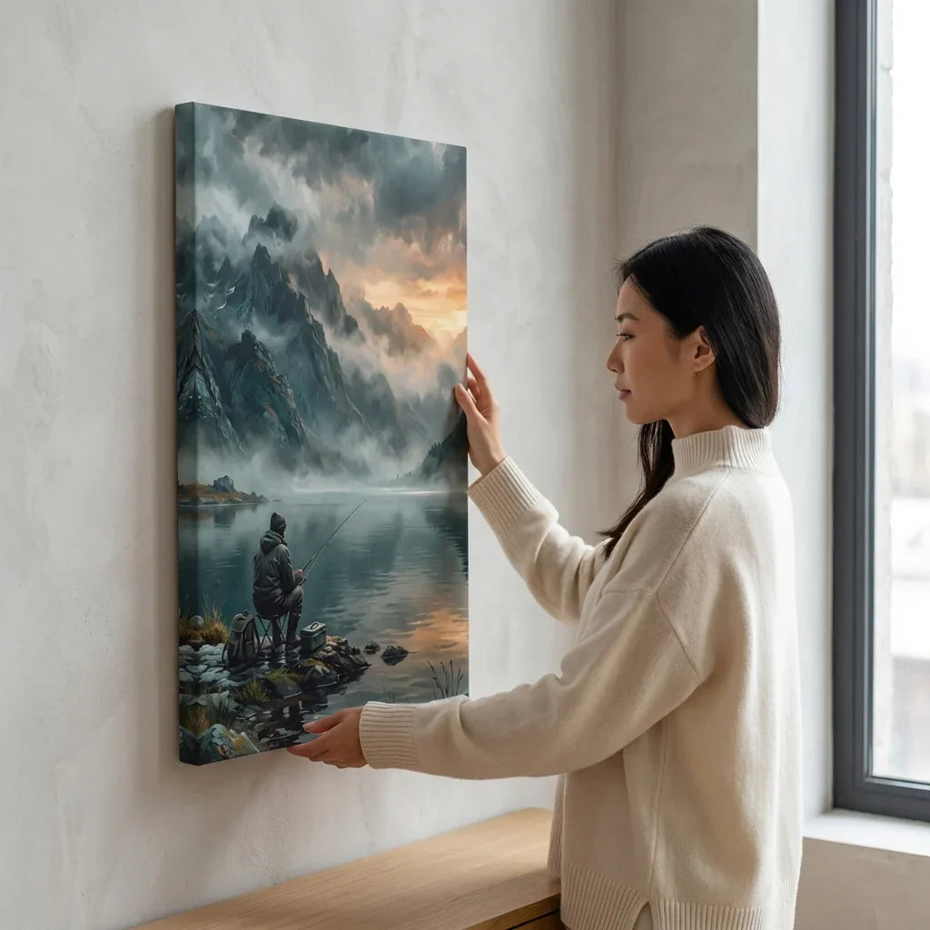 Woman hanging landscape canvas wall art of fisherman by mountain lake at sunset