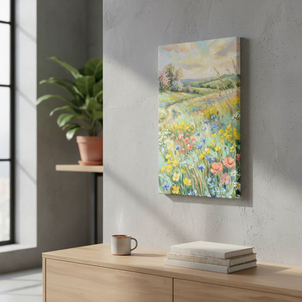 Colorful wildflower landscape painting on canvas hanging in modern living room