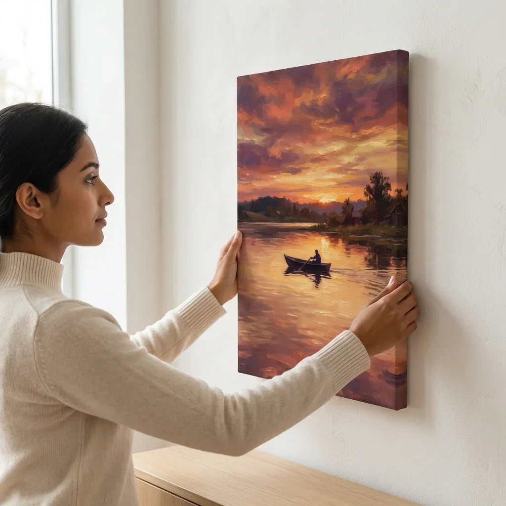 Woman hanging canvas wall art of a sunset lake scene with a boat and trees.