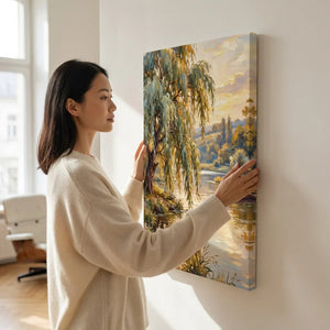 Woman hanging landscape wall art with willow tree and river in bright living room