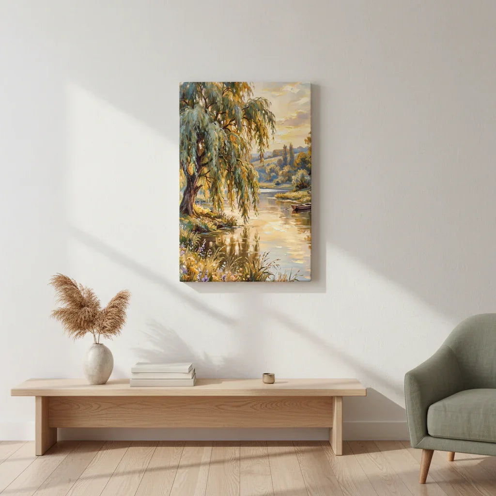 Framed willow tree wall art above minimalist bench in bright, modern living room