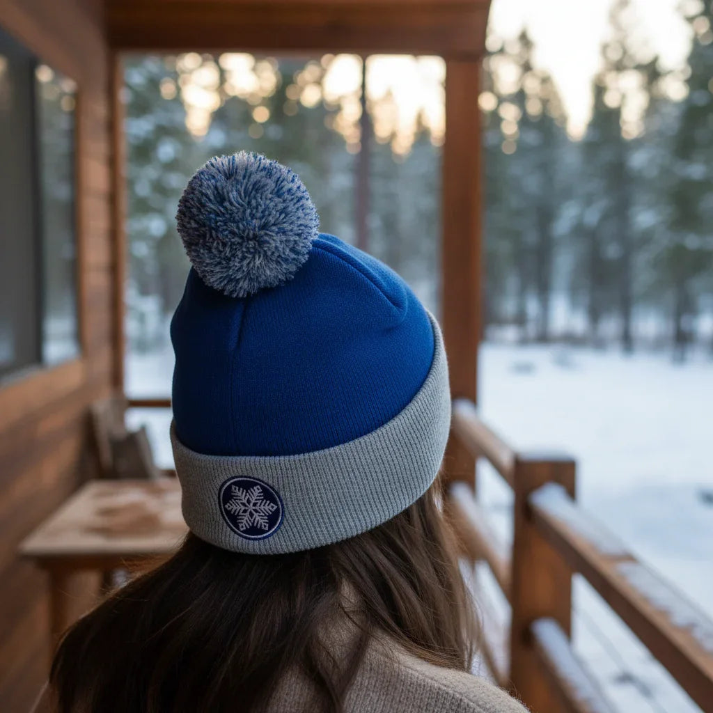 Woman in blue pom pom beanie with snowflake patch on snowy cabin porch