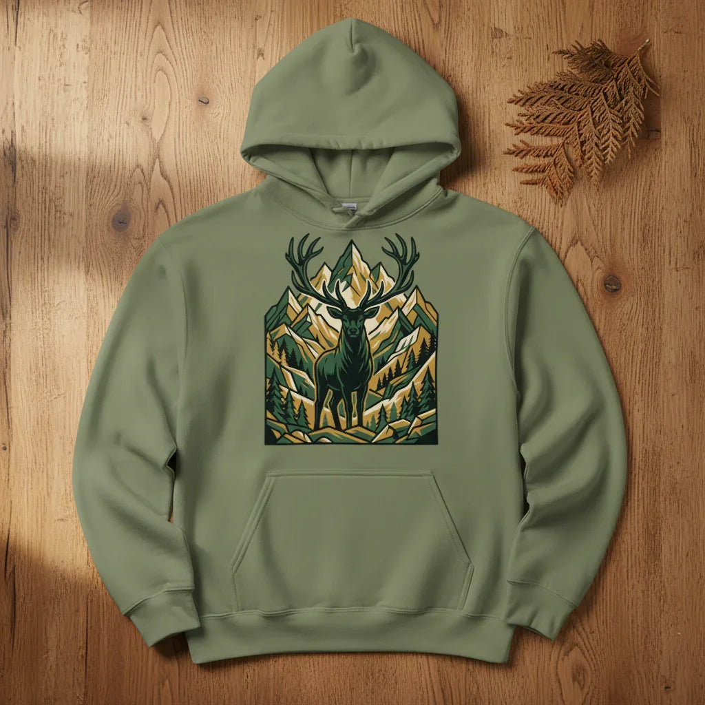 Sage green hoodie featuring a graphic of a stag with antlers and mountain landscape design.