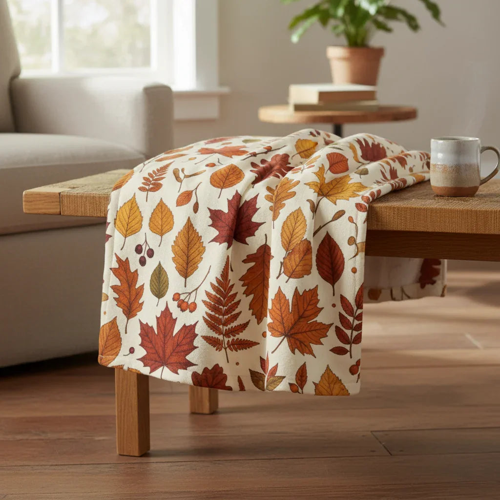 Autumn leaf print tea towel draped over a wooden coffee table in a cozy living room