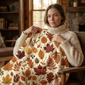 Woman in cozy sweater holding autumn leaves throw blanket in rustic living room