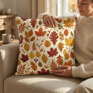 Cozy living room with a woman holding an autumn leaves throw pillow on a beige sofa.
