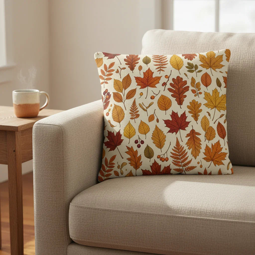 Autumn leaves throw pillow on beige sofa, cozy fall home decor with warm tones