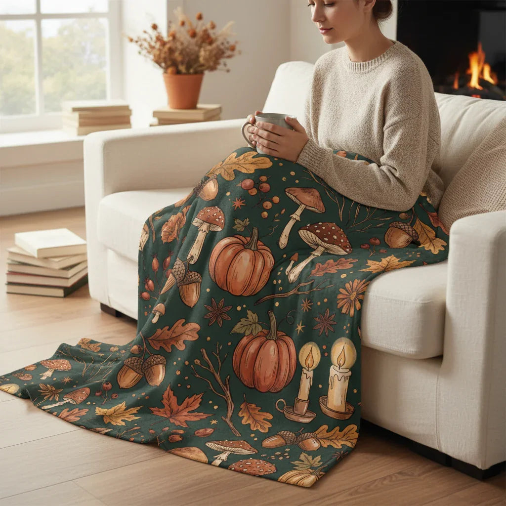 Woman on sofa with autumn-themed blanket featuring pumpkins, mushrooms, candles, and leaves.