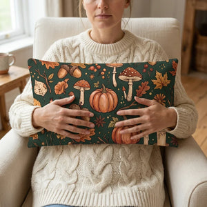 Woman holding decorative pillow with autumn-themed pumpkins, mushrooms, and leaves pattern