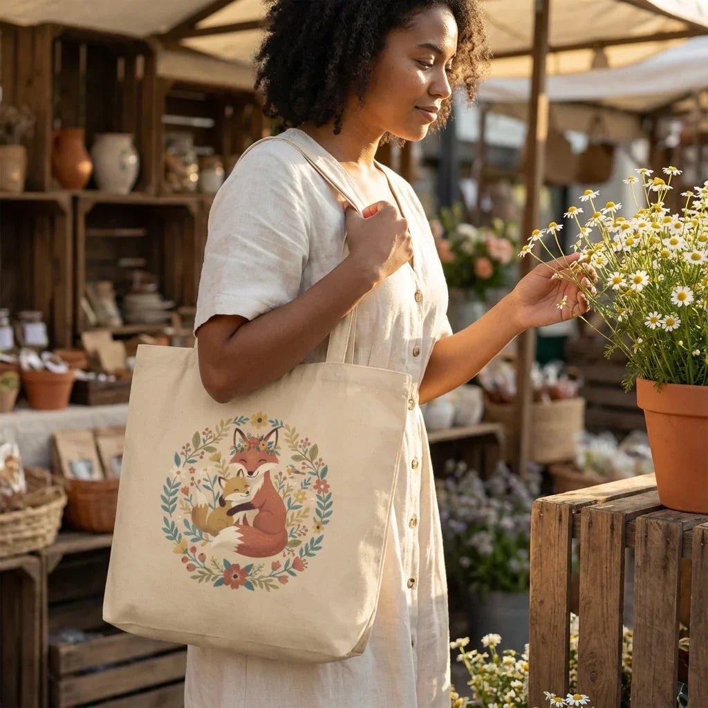 Woman holding floral fox canvas tote bag at outdoor market, picking daisies