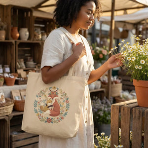 Woman holding floral fox canvas tote bag at outdoor market, picking daisies