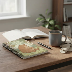Spiral notebook with illustrated bears and 'Happy Mother's Day' on desk with mug, pen, and paper.