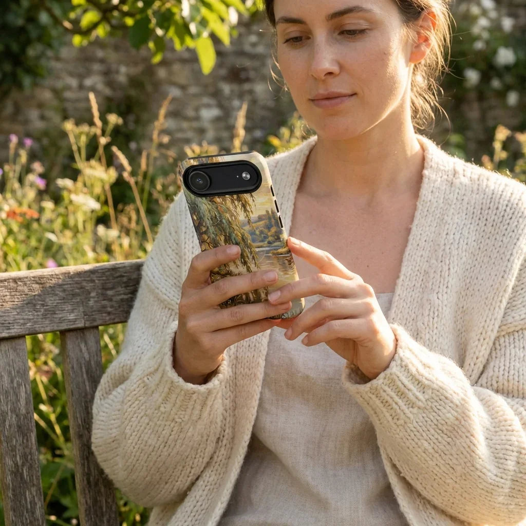 Woman in cozy cream sweater using smartphone with nature-inspired case outdoors