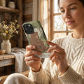 Woman holding phone with bear and cub Mother's Day case, cozy home setting, floral decor
