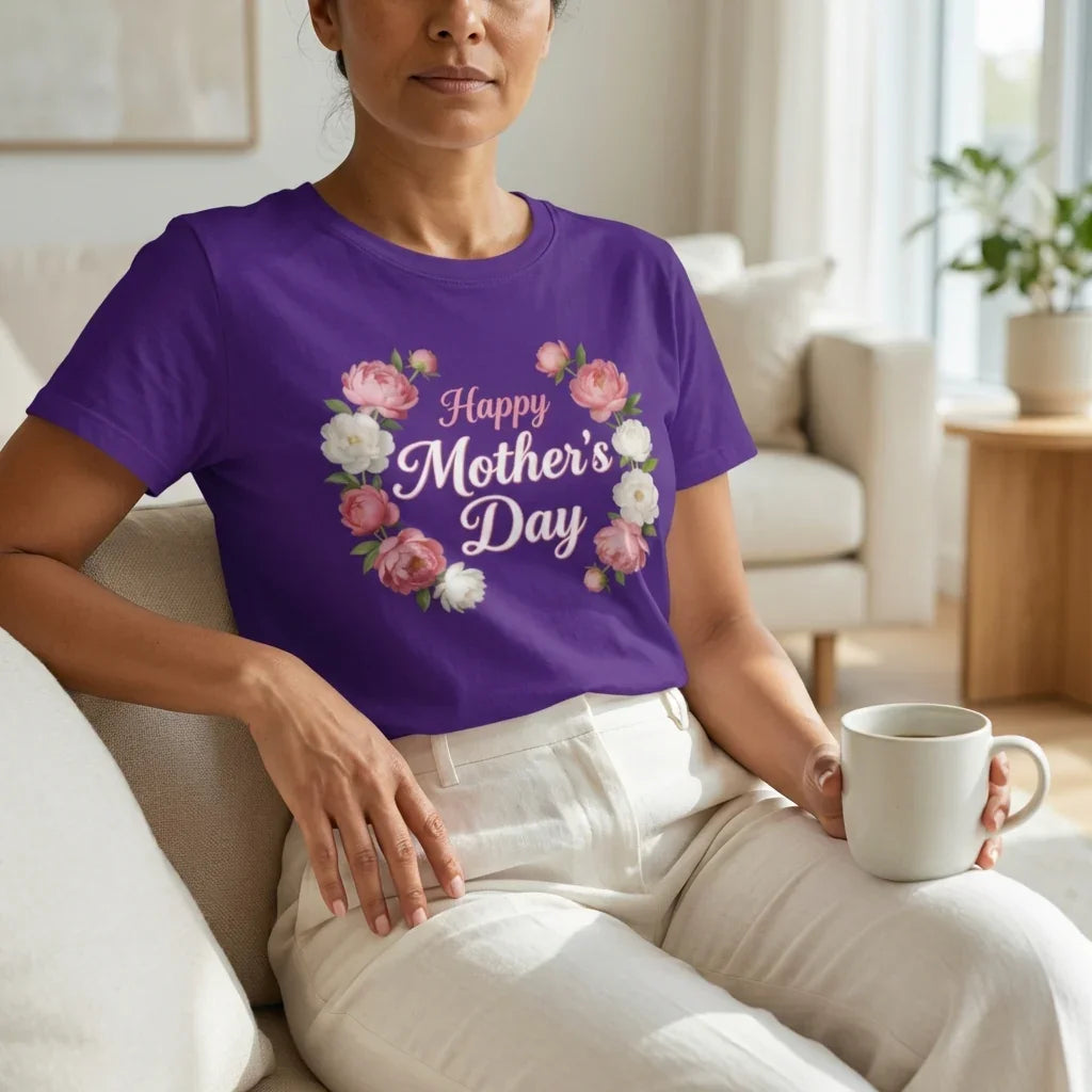 Woman in purple 'Happy Mother's Day' floral t-shirt sitting on sofa holding coffee mug