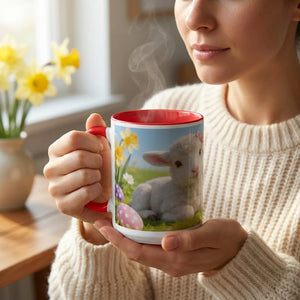 Woman holding a spring-themed mug with a lamb, Easter eggs, and daffodils design